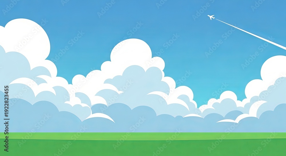 Fototapeta premium A serene landscape with fluffy white clouds and a jet flying high