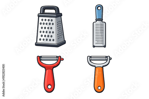 This illustration features four essential kitchen tools: a classic box grater, a small hand grater, and two Y-shaped vegetable peelers with colorful handles on a black background.
