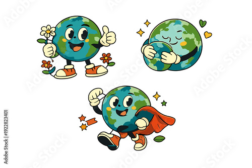 Three retro cartoon Earth characters on a black background. One holds a flower and gives a thumbs up, another hugs a smaller globe, and the third wears a red superhero cape.