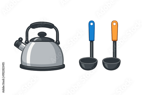 A silver tea kettle with a black handle stands next to two kitchen ladles. One ladle has a blue handle and the other has an orange handle, all set against a solid black background.