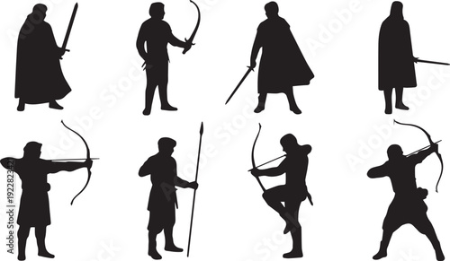 Medieval warrior silhouette vector illustration, fantasy fighter design, black knight art, armed soldier shapes, historical combat inspiration, ancient battle graphics