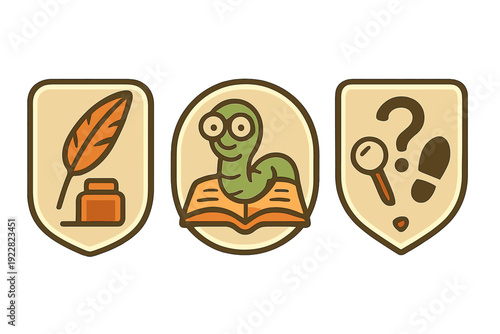 A set of three illustrated badges featuring a quill and inkwell, a bookworm wearing glasses on an open book, and detective symbols including a magnifying glass and footprint.