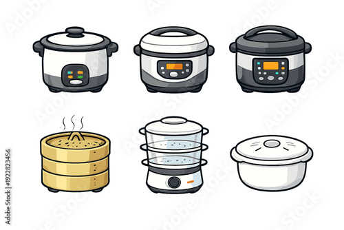 This illustration features six different kitchen tools for cooking rice and steaming food, such as electric rice cookers, a bamboo steamer, and a multi-tier electric food steamer.
