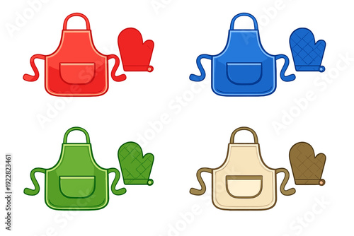 This illustration displays four sets of kitchen aprons and oven mitts in red, blue, green, and beige colors. Each apron has a front pocket and the mitts have a quilted pattern.