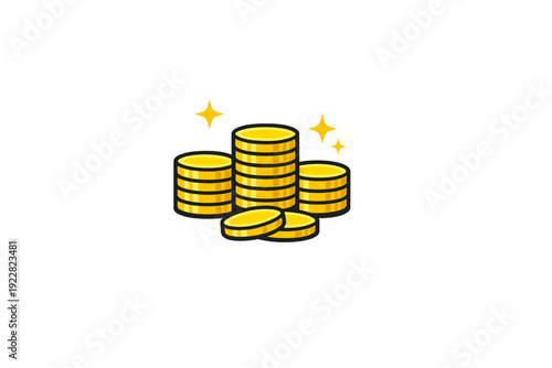 This illustration features three stacks of golden coins with two single coins lying in front. Yellow sparkles appear above the stacks against a plain black background.