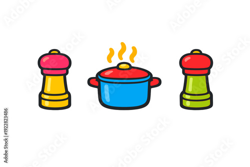 A colorful cartoon illustration featuring a blue cooking pot with a red lid and steam, positioned between a yellow salt shaker and a green pepper shaker on a black background.
