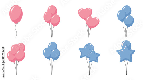 Assorted groups of pink and blue balloons including round, heart-shaped, and star-shaped bundles for gender reveals or celebratory parties.