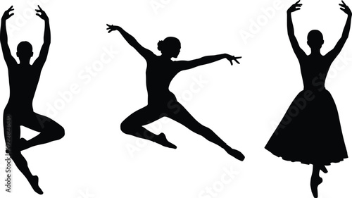 Black ballerina silhouette set featuring graceful dance poses jumping and leaping professional female dancers isolated on white for performing arts