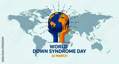 World Map with Blue and Yellow Hand for World Down Syndrome Day Awareness, Symbolizing Global Inclusion, Diversity and Support for Equality Campaigns