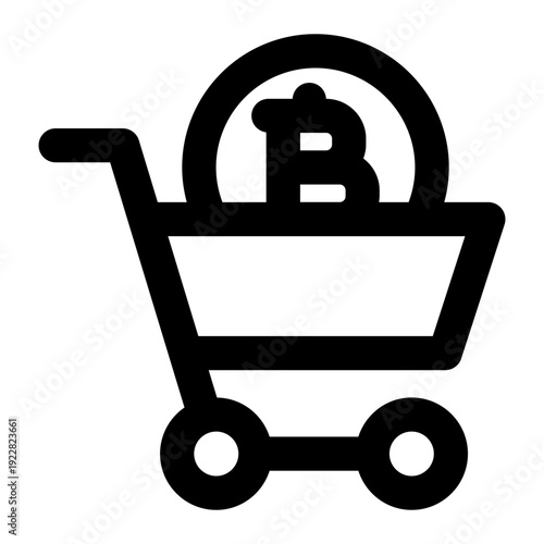 Shopping cart icon with Bitcoin currency symbol inside. Black and white line art vector for crypto shopping.