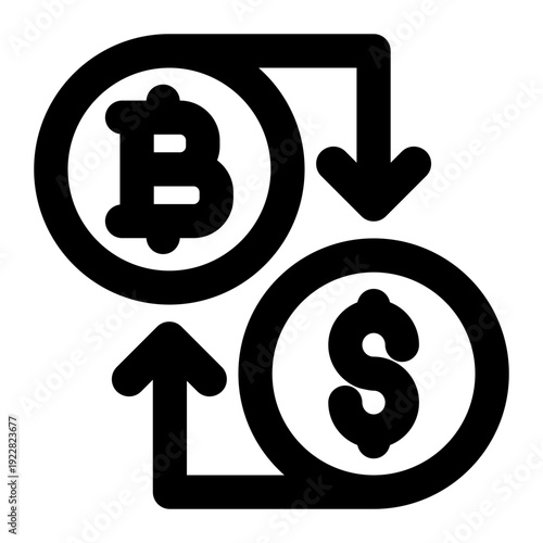 Currency exchange icon between Bitcoin and US Dollar with circular arrows. Black and white line art for trade.