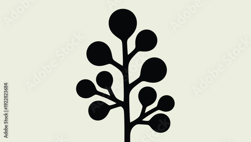 Bold black silhouette of a botanical branch featuring round buds or berries growing along a central stem against a neutral cream background.