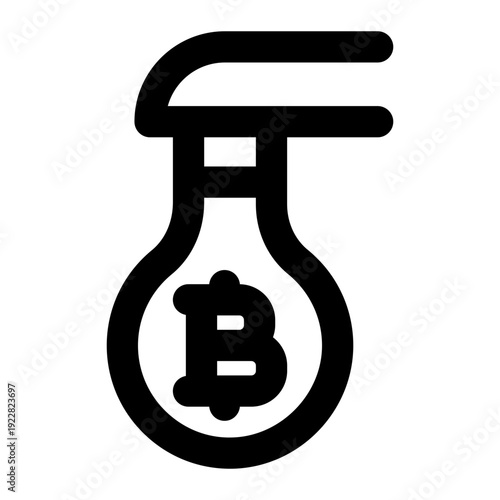 Black and white line art icon of a flask containing a Bitcoin symbol, representing crypto faucets and digital rewards.