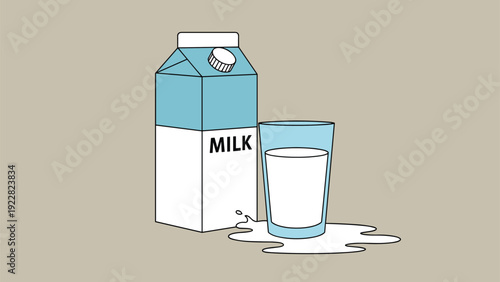 Minimalist illustration of a blue and white milk carton standing next to a glass of fresh milk with a small puddle at the base on tan background.