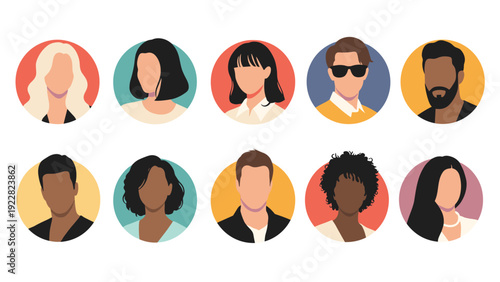 Diverse collection of ten stylized avatar portraits of men and women with different skin tones, hair styles, and accessories in colorful circles.