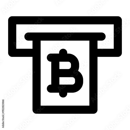 Withdrawal icon with a Bitcoin symbol inside a T-shaped frame. Banking, cash out, and finance concept.
