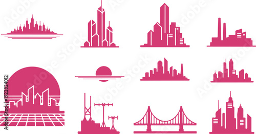 Collection of stylized city skyline icons featuring buildings bridges and sunsets isolated on transparent background