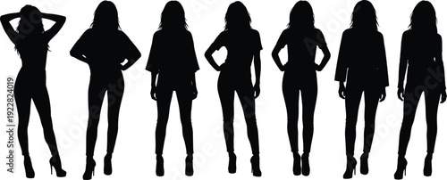 Black female fashion silhouette set featuring stylish women in various poses with heels and trendy outfits isolated on white background