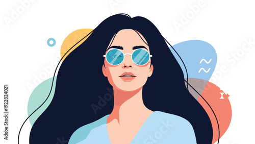 Stylish flat illustration of a woman with long flowing dark hair wearing round blue sunglasses against a background of colorful abstract shapes.