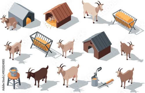 Illustration of goats and farm structures from an overhead viewpoint in a rural setting