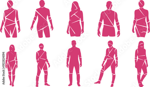 Collection of stylized human figures wearing futuristic or protective suits with transparent background