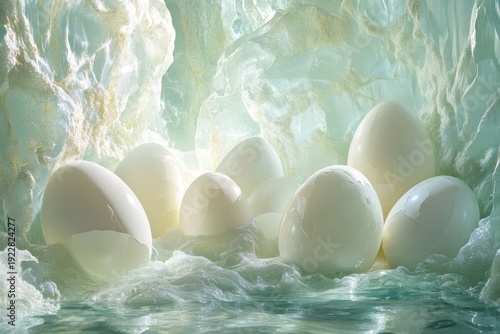 Fresh white eggs nestled in layers of plastic panels, creating a serene and realistic atmosphere in a softly lit environment