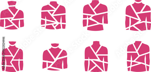 Collection of stylized torn pink sweater and jacket silhouettes with white cut lines isolated on transparent background