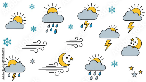 Comprehensive set of weather icons including symbols for sunny, rainy, snowy, windy, cloudy, stormy, and nighttime conditions for forecasting.