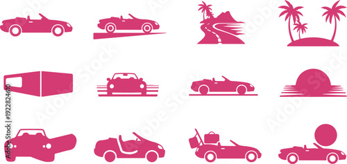 Collection of stylized vintage convertible cars and travelthemed icons isolated on transparent background