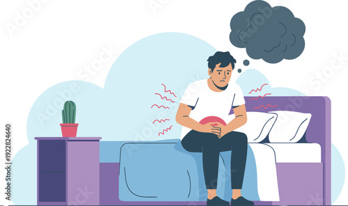 man with stomach pain, abdominal ache, stress anxiety concept, digestive disorder illustration, health problem awareness, flat vector design, isolated background