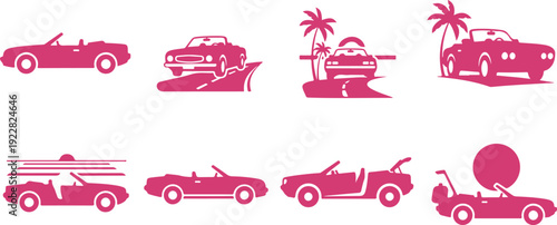 Collection of stylized vintage and modern car icons featuring convertibles and offroad vehicles isolated on transparent background