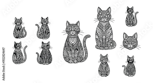 Intricate zentangle style illustration of a family of cats