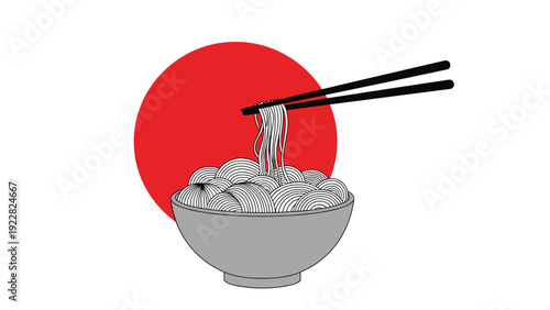 Artistic illustration of a steaming bowl of Japanese ramen or udon noodles being eaten with chopsticks against a large red rising sun.
