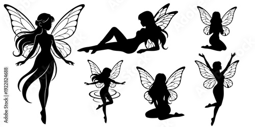 Fairy Girl Silhouette Collection – Elegant Winged Fairy in Different Poses, Clean Black Vector Set on White Background