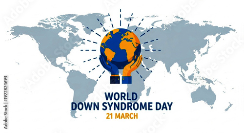 World Down Syndrome Day Illustration with Global Map and Awareness Ribbon Representing Unity, Diversity and Support Worldwide