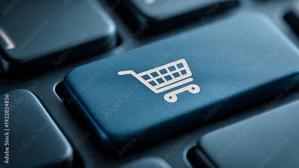 Obraz premium Macro Shot of Online Shopping Cart Icon on Computer Keyboard Button