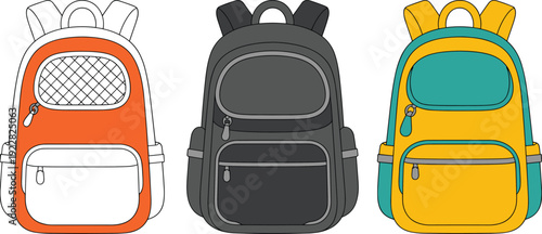 Backpack vector set, colorful school bags, flat cartoon style, modern travel rucksack illustration, isolated design for kids and students