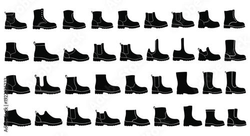 Collection of various black boots displayed in a grid pattern, showcasing different styles and designs from multiple viewpoints.