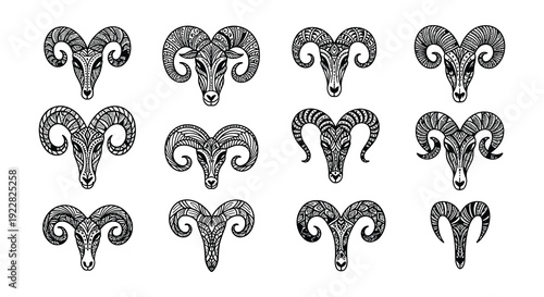 Intricate sketches of ram heads in a repeating grid pattern