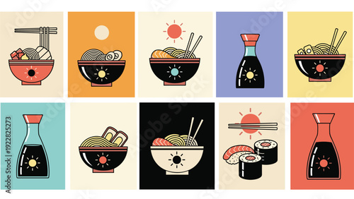 Grid of colorful panels featuring various japanese food items like ramen bowls sushi rolls and soy sauce bottles.