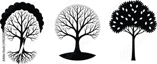 Tree silhouette set featuring roots branches and leaves black forest icons isolated on white for nature conservation ecology