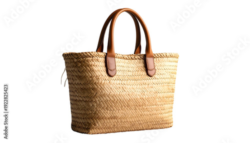 Woven straw tote bag with brown leather handles, isolated on black background
