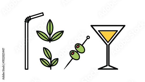 Minimalist illustration of a martini glass with yellow liquid a straw green leaves and olives on a toothpick on white.