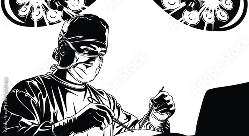 Dedicated surgeon expertly performing a delicate surgical procedure with specialized instruments in a sterile operating room environment, focused under bright medical lights during critical healthcare