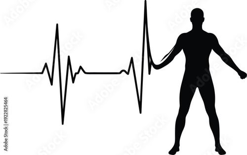 Stylized black silhouette of a human figure connected to a prominent electrocardiogram pulse line, symbolizing health, medical data, and essential human vitality.