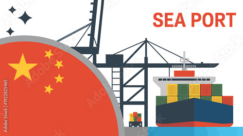 China sea port with cargo ship and containers  international trade and shipping