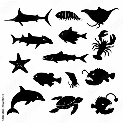 Black ocean creature silhouettes featuring whale, dolphin, sharks, starfish, lobster and anglerfish on white background. Bold marine fauna pack for nautical designs and stickers.