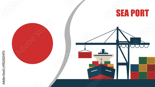 Japanese sea port with cargo ship and containers being loaded  industrial transportation hub
