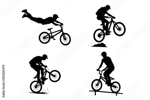 BMX and mountain bike rider silhouettes performing jumps and tricks. Black vector set for extreme sports, cycling competition, freestyle training, stunt action, adventure and motion design.