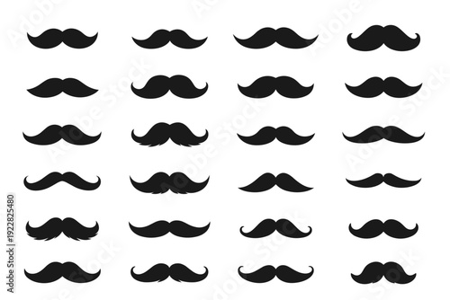 Collection of mustache silhouettes showing many men facial hair styles, from handlebar to chevron, arranged in a neat grid. Vintage barber and hipster design elements.